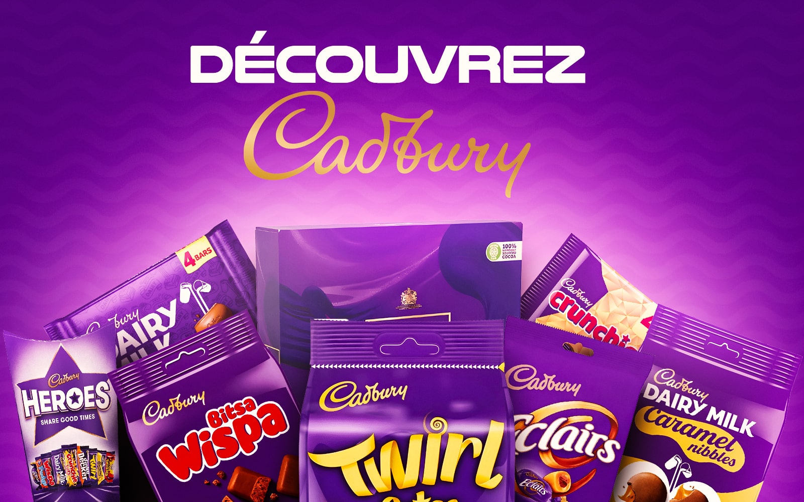 Découvrez Cadbury - Une variété de chocolats Cadbury comme Dairy Milk, Twirl, Eclairs et plus encore