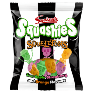 Swizzels Squashies Squelettes Saveurs Pomme Acide, Fraise et Orange 120g